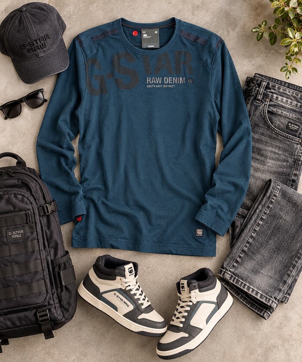 G-Star Raw XXL Long Sleeve Graphic Shirt Blue Y2K Utility Military Streetwear